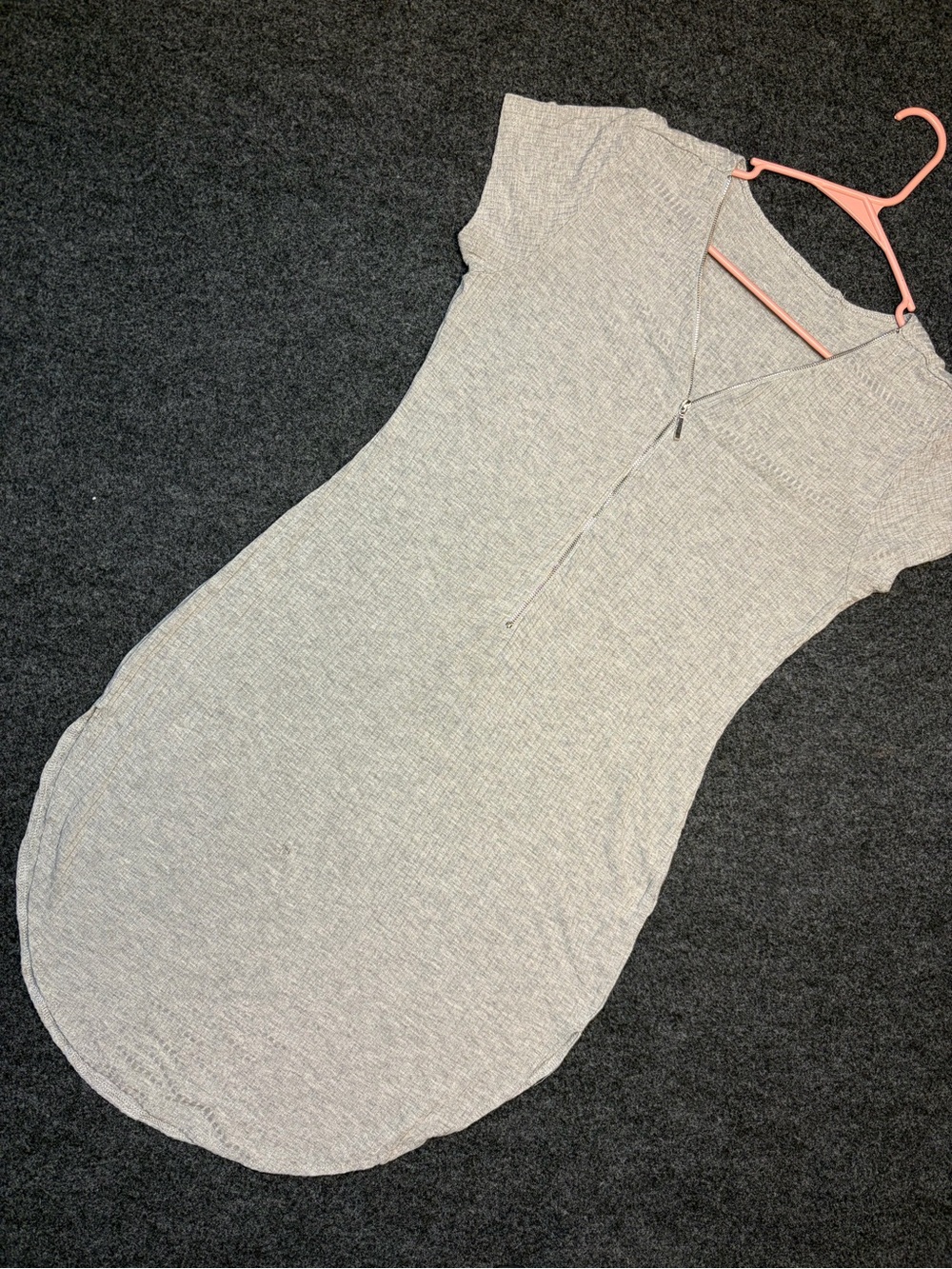 Gray Ribbed Short Sleeve Zip Front Bodycon Dress